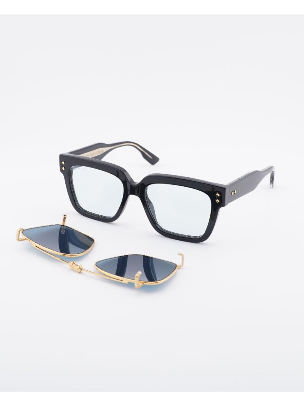 Gucci GG1084S 005 Sunglasses Black / Gold Clip-On Square Frame, Blue Lenses
